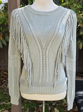 Fringe Cable-Knit Sweater - Light Sage Size Small